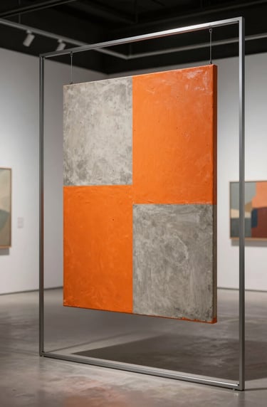 Interior shot of a modern gallery in the International / Urban Art Scene, focusing on the architectural thin lines of a raw metal frame holding a vibrant safety orange and soft concrete grey painting.
