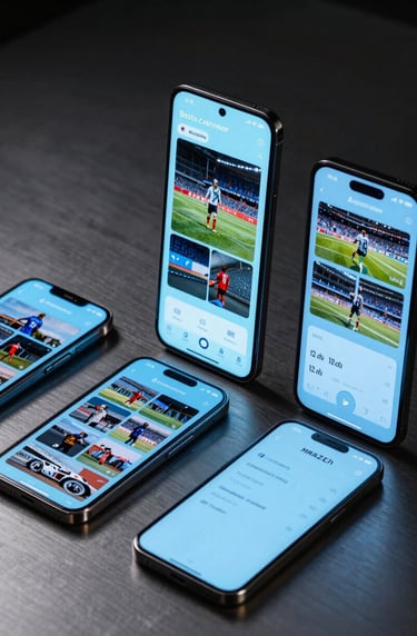 A series of high-end mobile devices displaying vertical sports video reels, glowing light blue interfaces, futuristic North American / US tech aesthetic, sleek composition on a dark metallic surface.