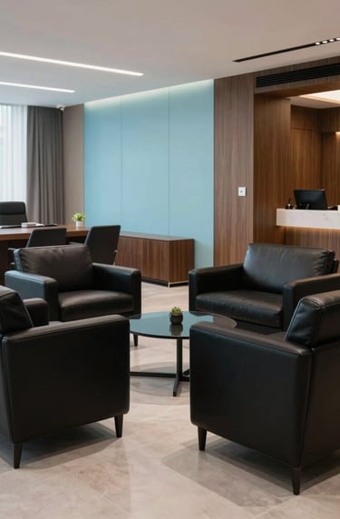 Professional photography of a high-end office lounge in Brazil, featuring black leather furniture, light gray floors, and baby blue decorative details, elegant and modern atmosphere.