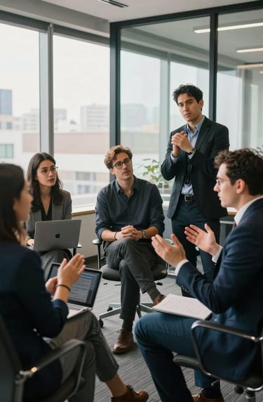 A candid shot of a passionate strategy session in a glass-walled North American office, showing professionals collaborating with focus and energy, natural afternoon lighting.