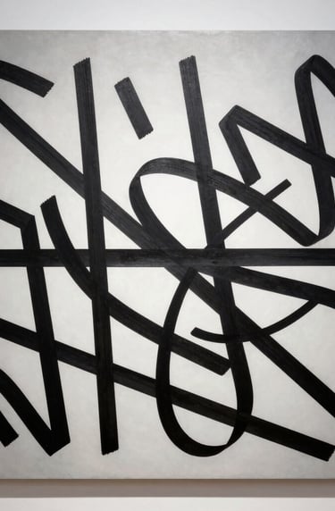 A high-contrast studio photograph of a contemporary artwork. Bold black calligraphic lines overlap a minimalist grey and white background. Professional gallery lighting creates a sense of depth and focus.