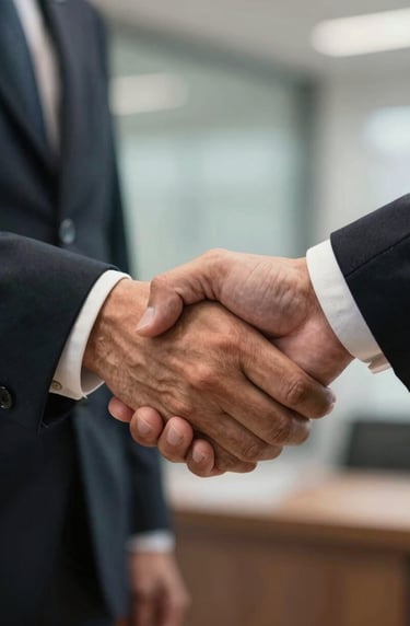 A detailed close-up of a professional handshake between two executives in a Southeast Asian / Indonesian setting, symbolizing a successful partnership, soft focus on the background.