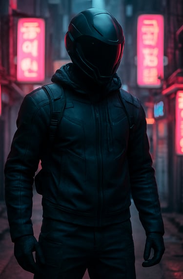 Sleek photography of a figure in high-tech urban gear standing in a narrow Seoul alleyway filled with neon signage, subtle lens flare, magenta and cyan color palette, East Asian / Korean urban.