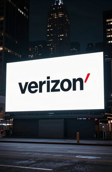 A wide, cinematic shot of a city skyline at night with a large-scale Verizon and NFL co-branded digital billboard. The image has a cool, professional aesthetic with deep shadows (#111111) and crisp white light (#F0EDE8).