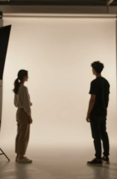 An elegant behind-the-scenes shot of a photography set, showing a professional and organized atmosphere with warm lighting and a minimalist aesthetic.