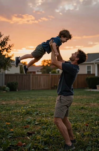 A father playfully swinging a child in a North American / US backyard. The lighting is warm and cinematic, captured during the golden hour with a terracotta-colored sunset in the background.