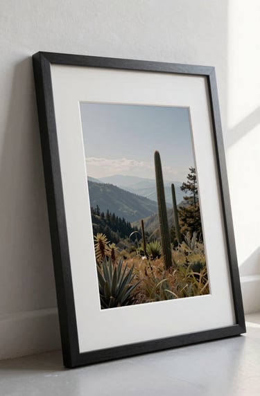 Vertical orientation. A high-detail photograph of a limited edition art print in a minimalist charcoal frame, leaning against an off-white textured wall. Natural, soft window light highlights the elegant paper texture. North American / Western European style.
