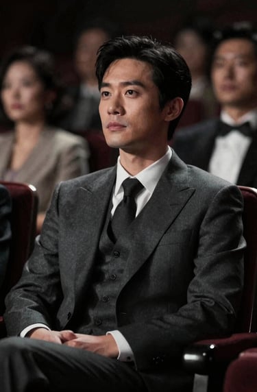 A film still showing the actor in a refined, elegant suit, sitting in a dark theater. Atmospheric lighting, soft grain, incorporating #333333 and #F5F5F5 highlights.