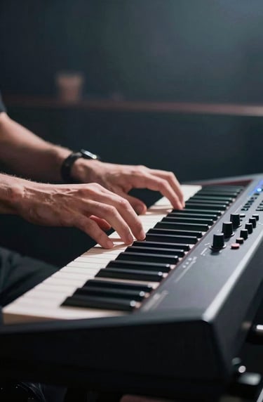 A low-angle action shot of a music artist's hands on a sleek black and chrome synthesizer. The background is a dark, minimalist North American club environment with a subtle haze.