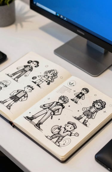 A flat lay of a designer's desk in North America / US, including a sketchbook with character concepts and a professional monitor, royal blue highlights.