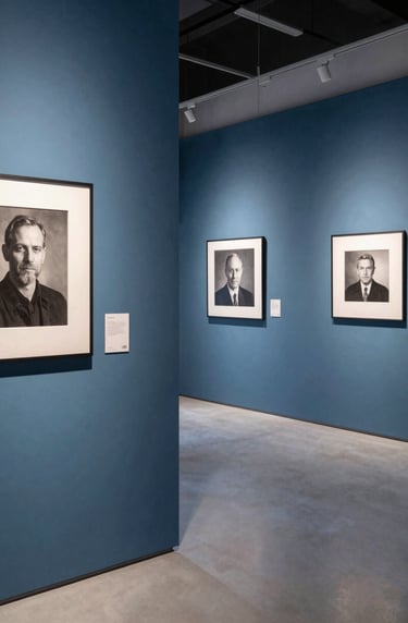 A vertical shot of a modern gallery space with slate blue accents and mist grey floors, showcasing professional display standards.