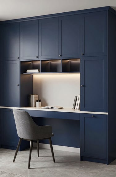 A photorealistic 3D visualization of a modern home office with navy blue cabinetry and integrated lighting. Sophisticated and precise, reflecting Northern European design trends. Soft shadows and clean textures.