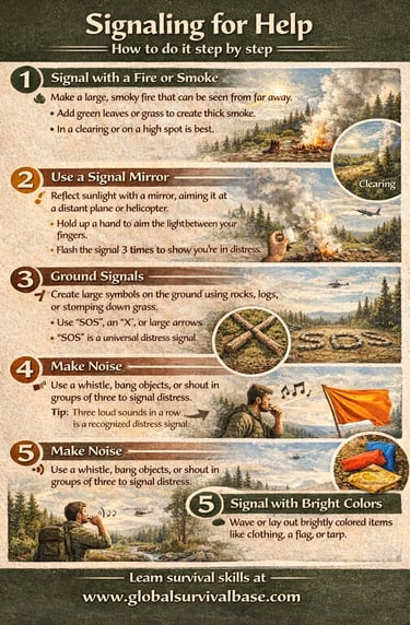 emergency signal help survival infographic showing ways to signal for rescue and communication