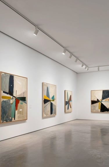 A wide, clean shot of a modern art gallery in the US with high ceilings and white walls, where a series of large abstract paintings are displayed with focused track lighting.