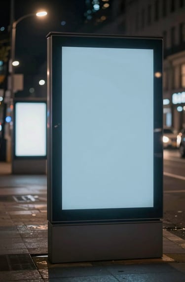 A night-time urban street view where digital billboards cast a soft glow on the pavement. The composition is balanced and thoughtful, incorporating #607D8B and #B0BEC5 to evoke a sense of quiet inquiry.