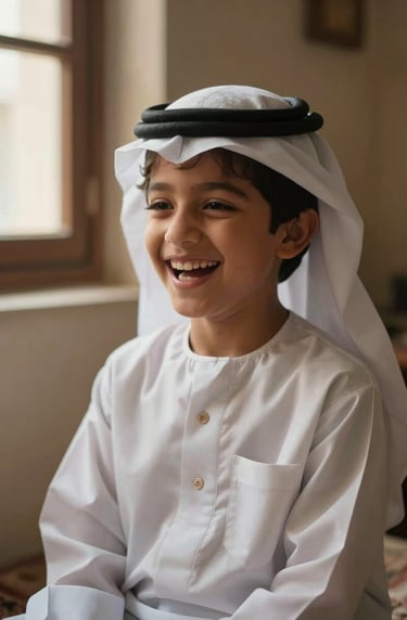 A heartwarming portrait of a laughing child in a Middle Eastern / Gulf domestic setting, cinematic lighting coming from a nearby window, warm tan and soft off-white tones, authentic lifestyle photography.