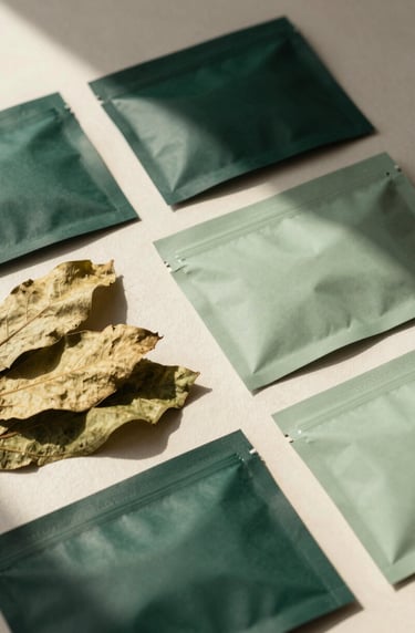 Artistic arrangement of botanical ingredients like dried leaves next to packaging samples. The scene is illuminated by warm, natural light in a North American / US creative studio. Colors feature deep sea green and soft sage green.
