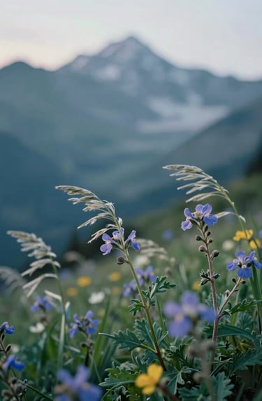 A vertical photograph of a cluster of mountain wildflowers swaying in the breeze. The focus is sharp on the foreground blooms with a soft bokeh effect on the distant peaks. The palette includes muted green and steel blue, capturing a serene morning in the mountains.
