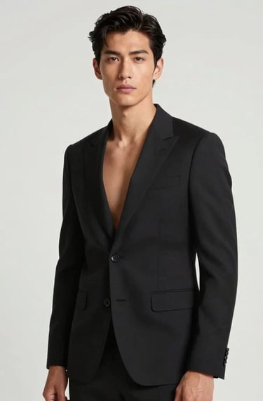 A vertical portrait of an elegant figure in a high-fashion black suit against a clean white background, soft professional studio lighting, sophisticated and timeless style, Global / Hispano context.