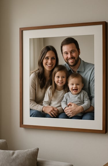 A lifestyle shot of a high-quality framed family portrait hanging on a minimalist wall in a modern North American home. The image captures the final project outcome, showing how the photography integrates into a real living space.
