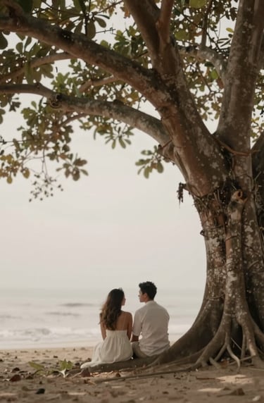 Honeymooners sharing a quiet moment under a large banyan tree in Bali. Minimalist, artistic framing, warm storytelling aesthetic, conveying heartfelt elegance. Natural tones of #2A362B, #5F705B, and #F7F3EE.