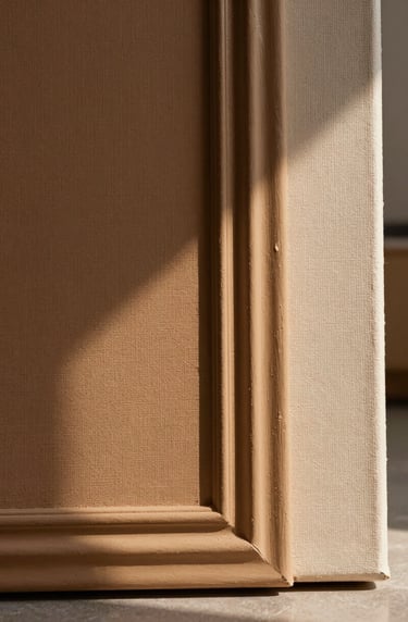 A detailed side-profile shot of a textured canvas, showing the height and depth of the molding paste ridges. The colors are deep umber and soft beige, illuminated by warm sunlight in a clean, modern studio.