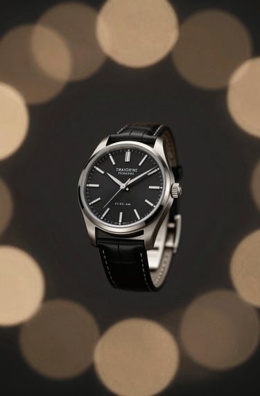 A minimalist composition featuring the luxury watch floating in a void of deep charcoal black, surrounded by a ring of muted metallic gold bokeh.