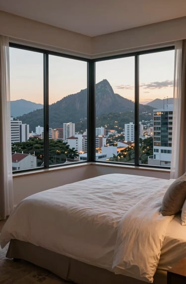 Wide shot of a master bedroom with soft linens in cream and warm taupe, a large window overlooking a South American / Brazilian cityscape at dusk, soft cinematic atmosphere.