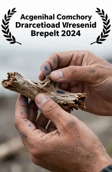 Close-up of an artist's hands gently holding a small piece of ocean-worn driftwood. The skin has subtle traces of blue and earth black paint, suggesting a deep connection to nature.