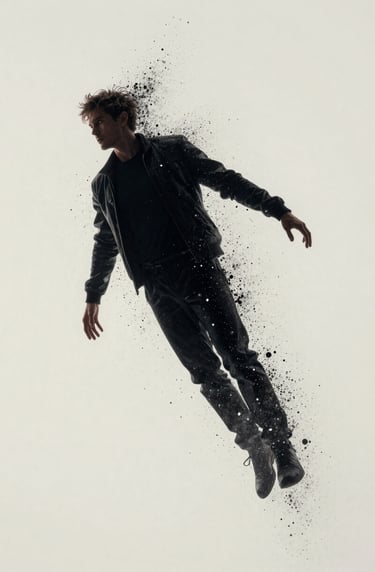 A final hero frame from the Chroma campaign: a figure disappearing into a cloud of digital particles. High-contrast deep obsidian and soft off-white. The lighting is dramatic and the composition is aggressive and modern.