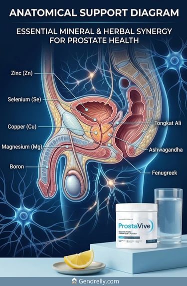 ProstaVive male pelvic health infographic showing anatomical support, essential minerals, and herbal synergy.