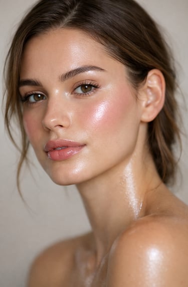 Young woman with glowing dewy skin, natural makeup, and pink blush for a clean beauty look.