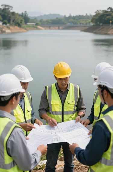 A group of engineers in safety gear discussing project plans near a water reservoir in Indonesia, clean and professional setting, natural lighting.