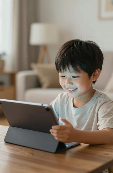 A lifestyle photo of a child smiling while interacting with a tablet that emits a soft #A6D1FF glow, in a warm, sunlit room with minimal, modern decor.