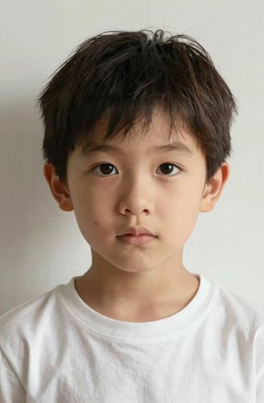 A professional studio portrait of a young child looking curiously into the camera. The style is very modern and minimalist, using an off-white background and soft charcoal grey shadows to create depth and emotion.