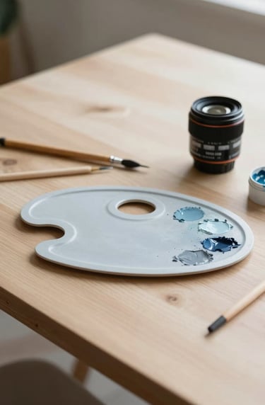 Detail of an artist's workspace in a light-filled room, featuring minimalist tools and a palette of light grayish blue paints on a clean wooden table, Latinoamericano / Español setting.