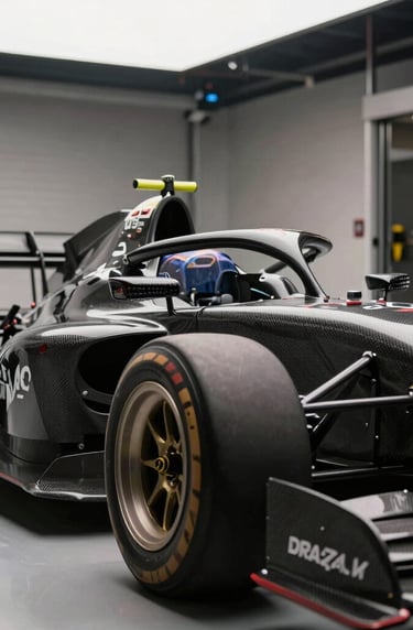 Professional photography of a Formula Indie car in a garage paddock, focusing on the intricate mechanical components and carbon fiber wing, lighting is sophisticated and modern.