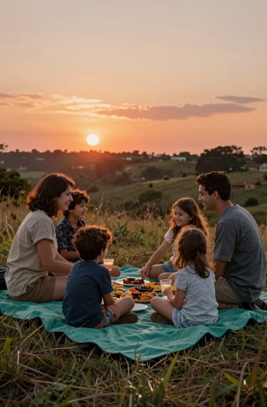 A wide shot of a family picnic on a teal green blanket, surrounded by nature. The sun is setting, casting a terracotta glow over the entire scene, capturing a real moment of sharing food and laughter.