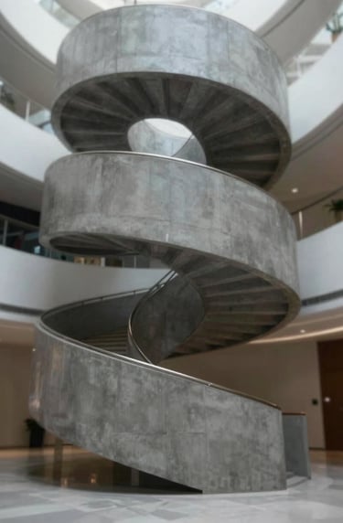 A low-angle view of a dramatic interior spiral staircase in a corporate lobby, featuring polished concrete and steel in #6B6760, creating a sense of modern elegance.