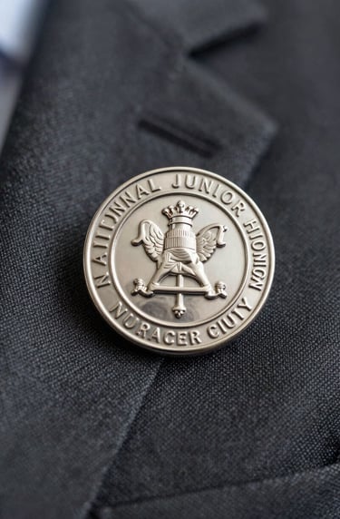Photography of a polished silver National Junior Honor Society pin resting on a textured fabric, North American school context, shallow depth of field, sophisticated professional lighting.
