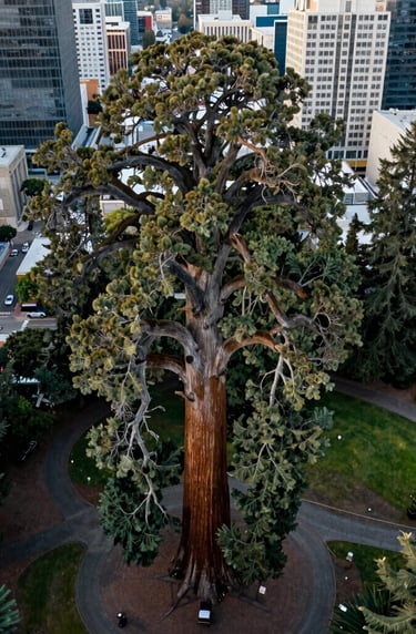 An aerial perspective showing a giant sequoia standing tall in an urban park. The surrounding city streets of Eugene, Oregon, are visible below, emphasizing the grand scale of the tree. The lighting is calm and professional with a light grayish green tone.