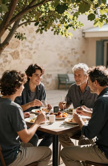 A candid shot of a family sharing a meal on an outdoor terrace in France, warm sunbeams filtering through leaves, cinematic natural style, earthy sand and anthracite color palette.