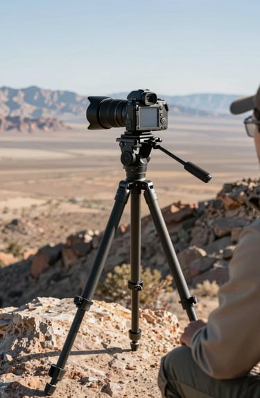 A detailed photograph of a professional landscape camera on a tripod, positioned on a rocky ridge overlooking a vast Nevada landscape. The attire of the photographer, visible only in part, is rugged outdoor gear suitable for the North American high desert. The scene conveys reliability and professional value.