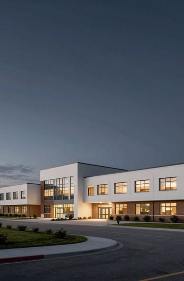 A wide shot of a newly built community school center at dusk. The building features clean architectural lines with #F8F8F8 highlights against a deep #1A1C20 twilight sky.