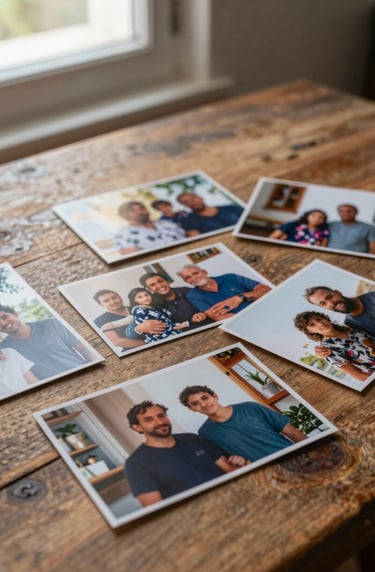 A collection of high-quality physical photo prints lying on a rustic wooden table. The photos show cinematic family moments with warm tones. Soft natural light coming from a nearby window in a Portuguese home.