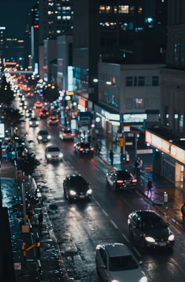 An urban cityscape at night shot from a high angle, neon lights reflected in wet asphalt, deep navy #1B263B and slate grey #A0B0C0 palette, dynamic motion blur from passing cars, cinematic film aesthetic.