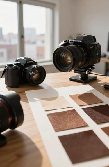 Professional photography equipment set up in a bright studio with large windows. The light hits a mood board with warm beige and deep espresso brown swatches, representing a high-end creative process in a Hispanic city.