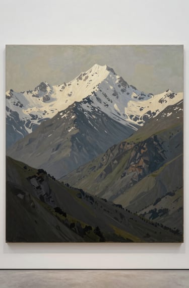 A large-scale landscape painting showing a rugged mountain range. The peaks are touched with soft off-white snow, contrasting against muted olive-grey slopes. Displayed in a sophisticated, high-end art gallery setting.