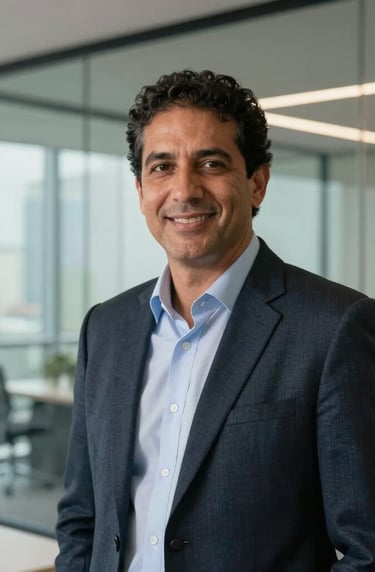 Professional corporate headshot of a South American executive in a modern glass-walled office in São Paulo. Clean composition, natural but controlled lighting, professional and modern atmosphere.