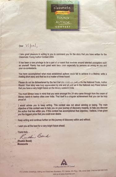Letter signed by Ruskin Bond to Vipul Sharma for ITC Classmate Young Author Contest 2004